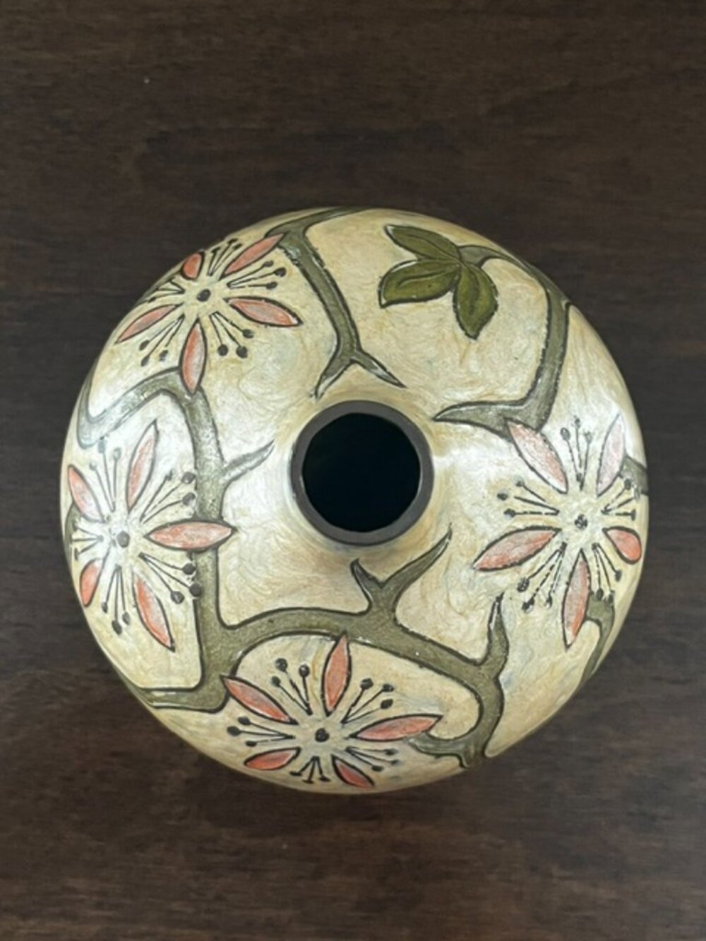 Brass Vase Enamel Overlay Floral Vine Design Metal Pink Green - Picture 4 of 6